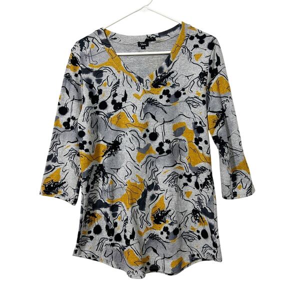Shana Tops - Shana Graphic Top Women Small Gray Yellow Knit Horse Print Cozy Soft Western